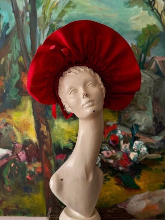 Vintage 1940s Cherry Red Halo Hat | Statement Bonnet | Old Hollywood Glamour
